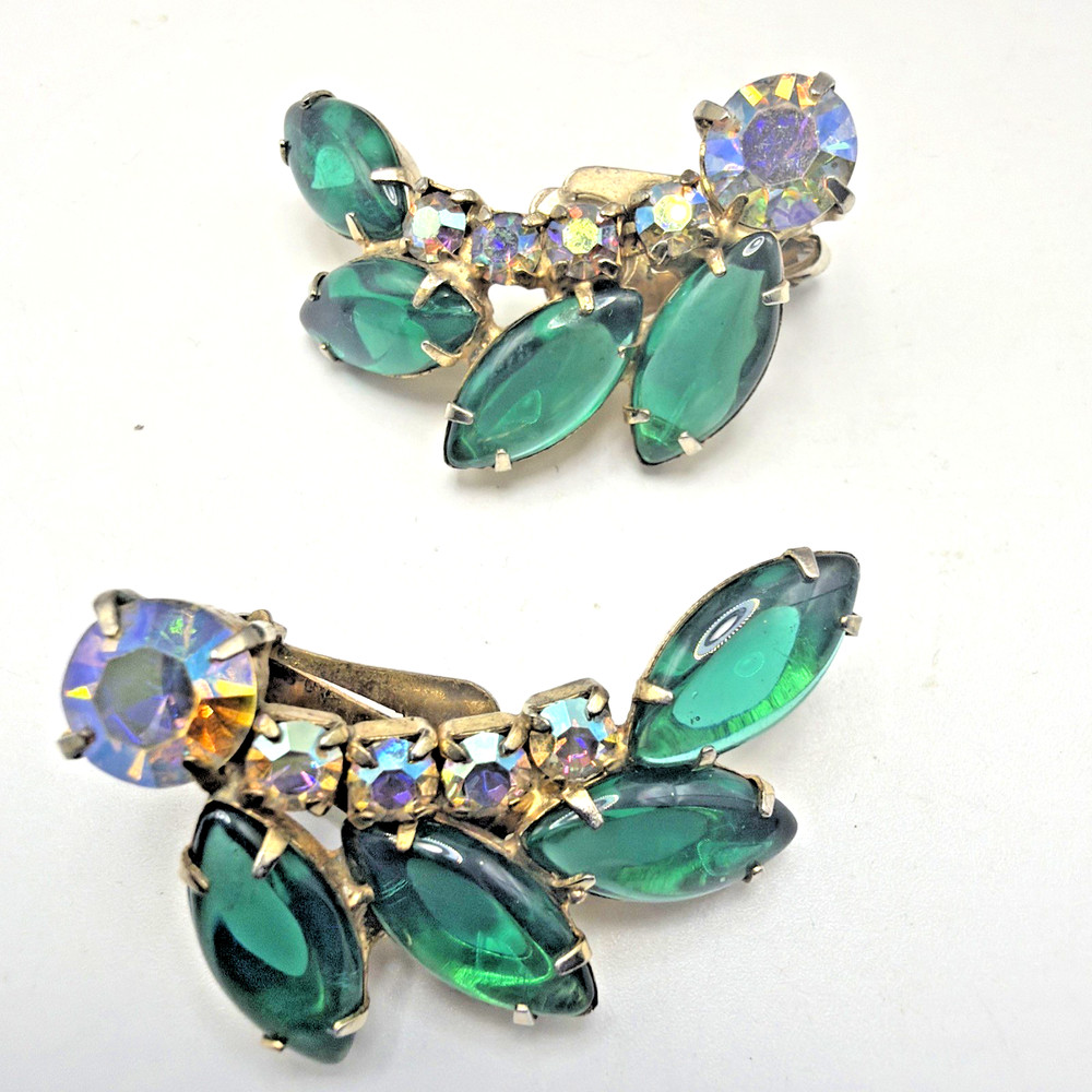 Vintage Emerald Green Glass Earrings Navettes & Aurora Borealis Stones Gold Tone
