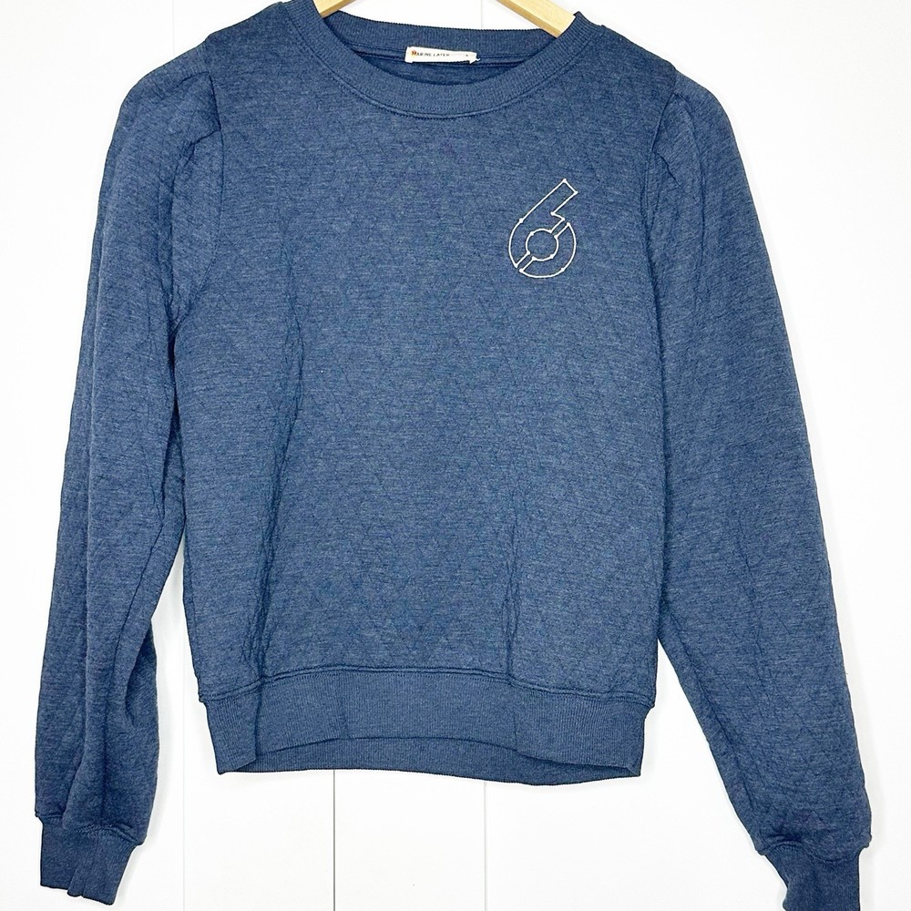 Marine Layer Womens Corbet Puff Sleeve Sweatshirt Blue Quilted Embroidery Small