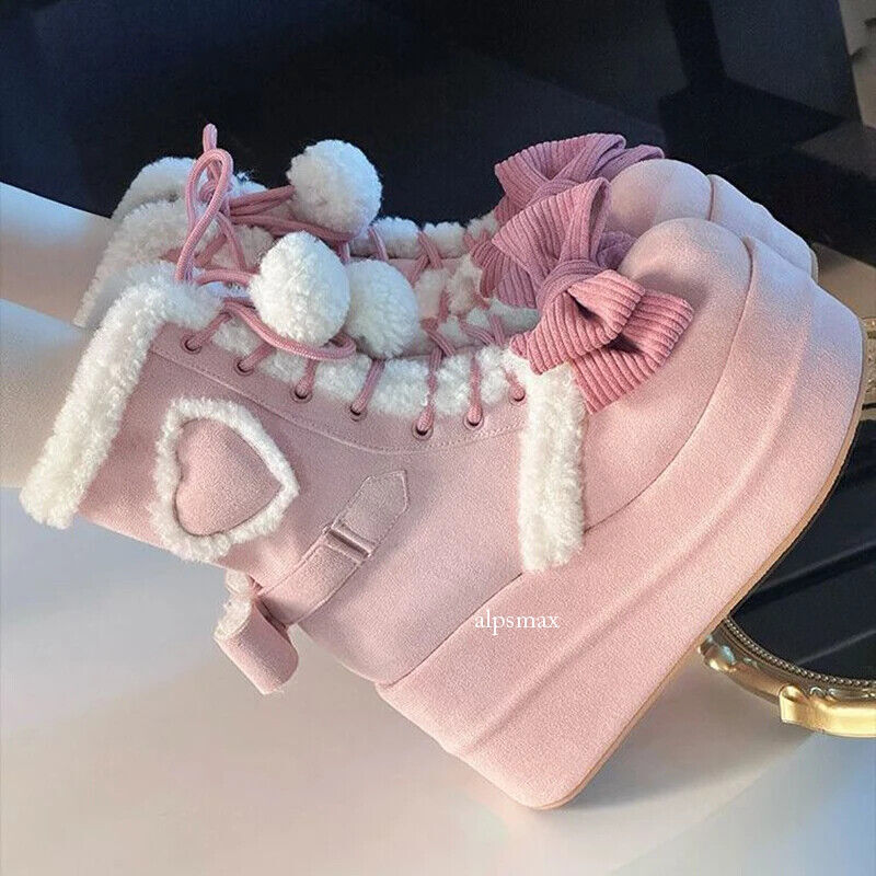 Girls Lolita Mid-Calf Snow Warm Boots Plush Bowknots Lace Up Wedge Heel Shoes