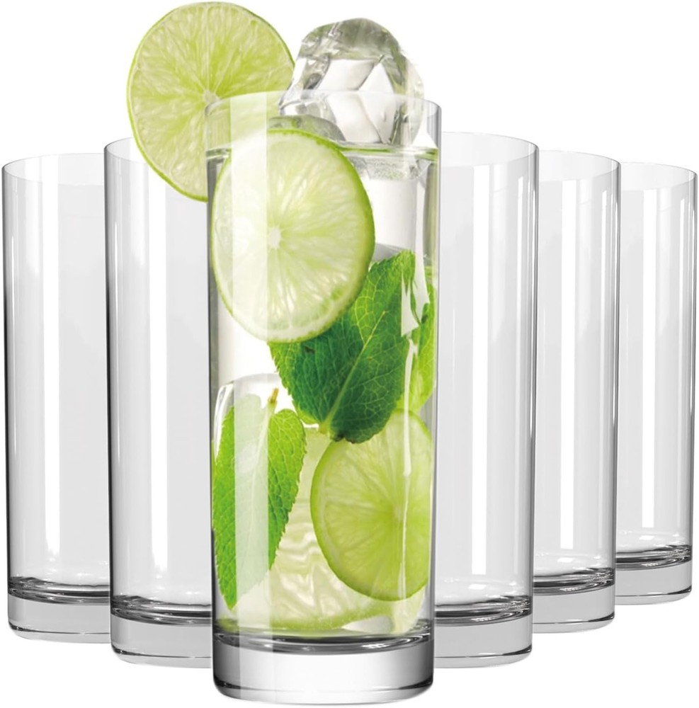Drinking Glasses Set of 6, 16oz Crystal Highball Glasses, Clear Tall Glass Cups,