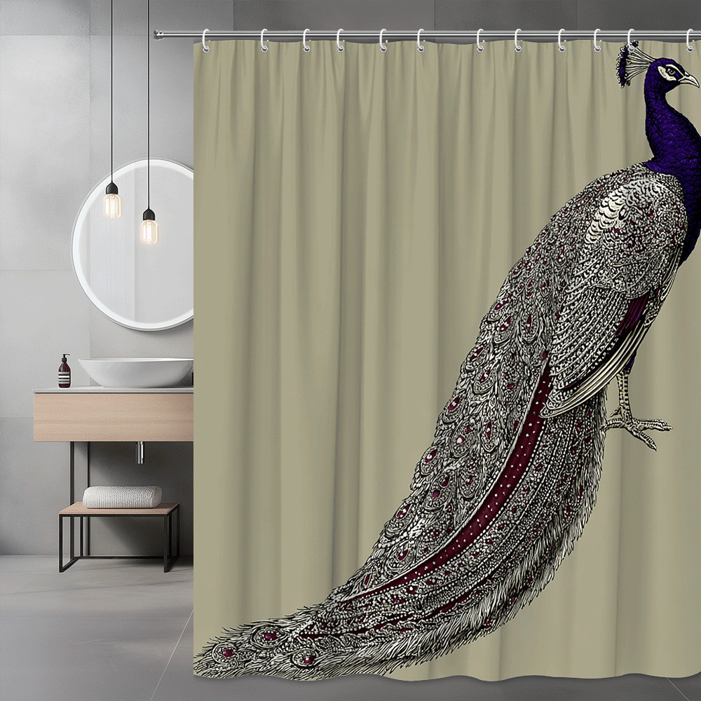 Peacock Shower Curtain Printed Bird Art Beige Background
