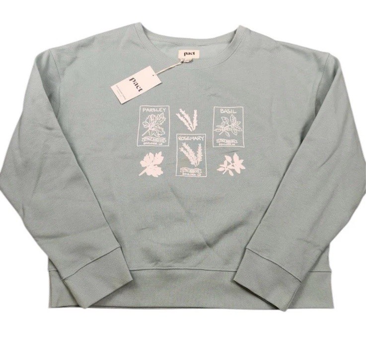 Pact Womens Organic Cotton Green Herb Graphic Crewneck Sweatshirt Size Med NWT