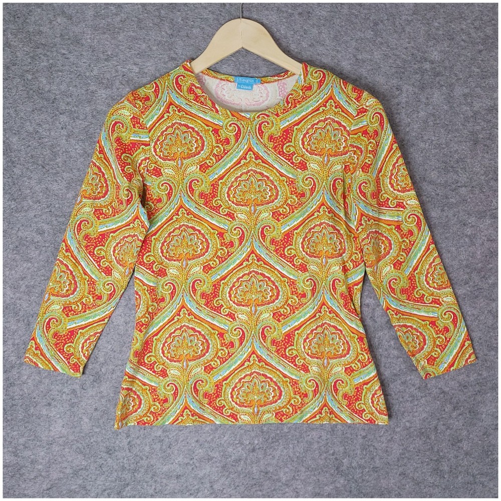 J. McLaughlin Catalina Cloth Damask Paisley Print Top Small 3/4 Sleeve Stretch