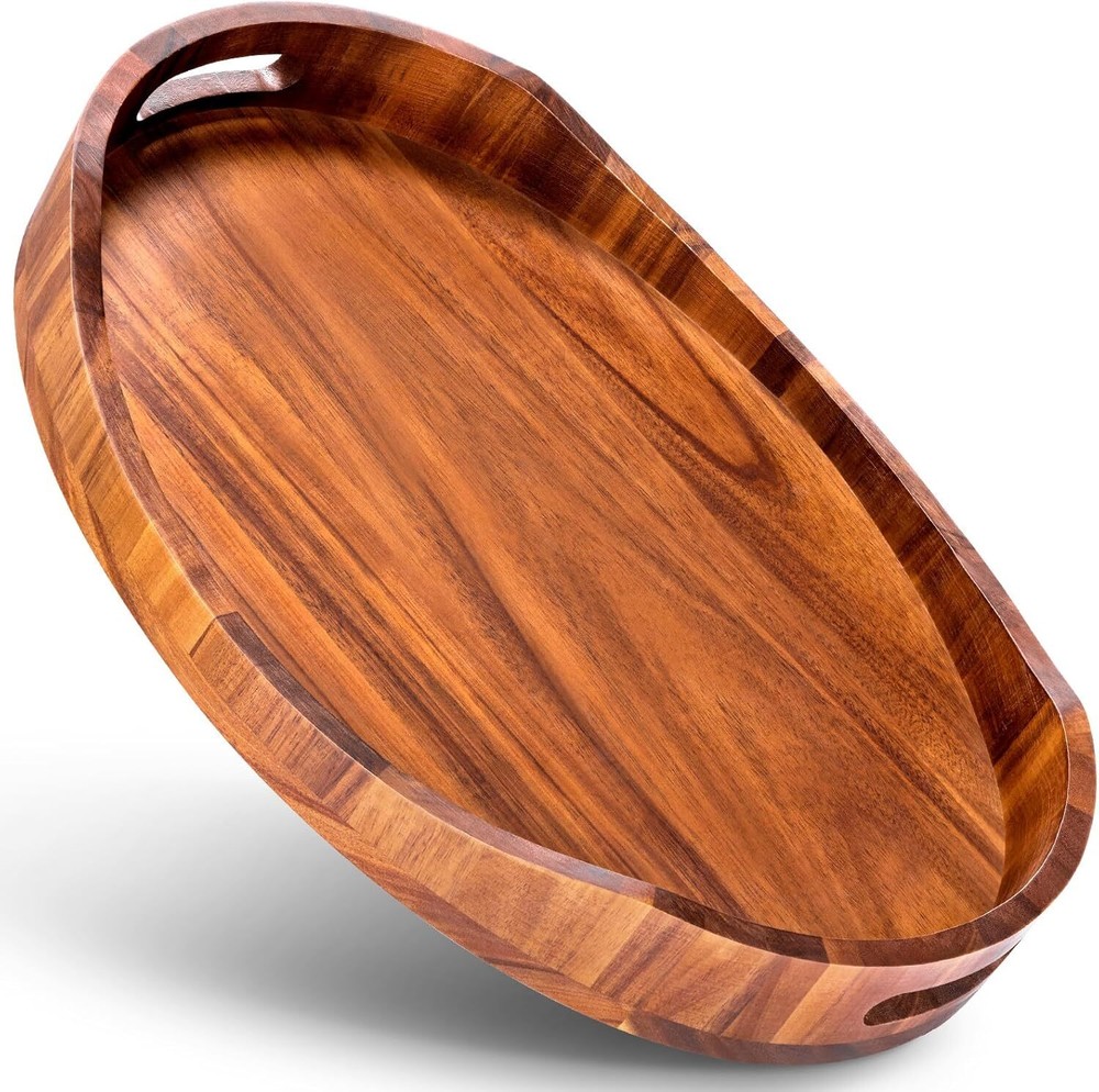 Acacia Wood Serving Tray with Handles Decorative Ottoman Breakfast Platter-image