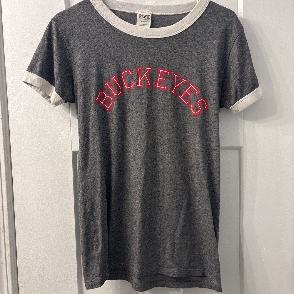 Victoria's Secret Pink Osu Ohio State Buckeyes Crew T-Shirt Xs Grey W/White Trim