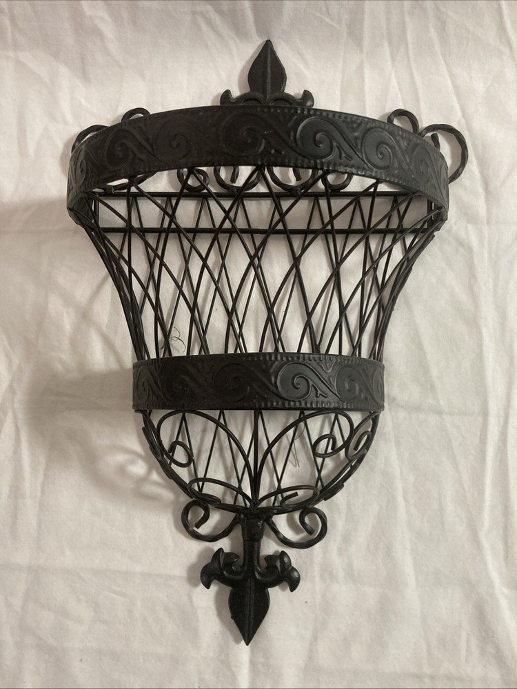 Vintage Wrought Iron Metal Hanging Wall Basket- Intricate Scroll- CottageCore