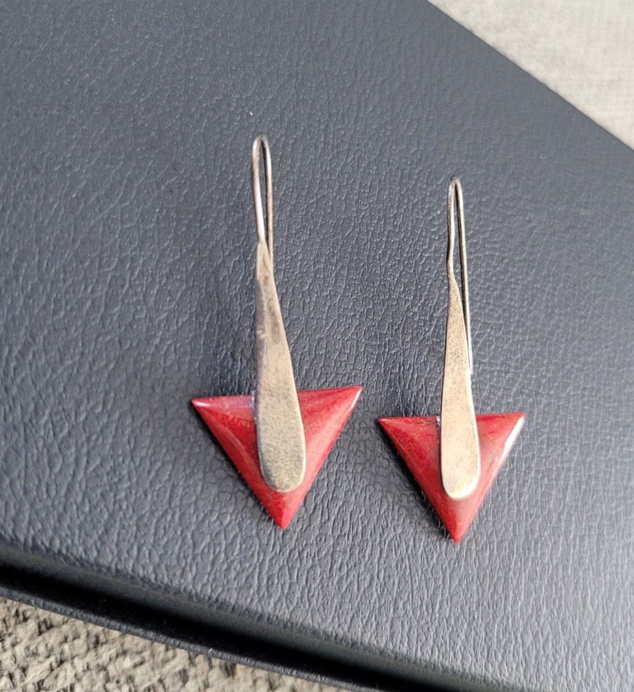 Vintage 925 Sterling Silver Dangle Drop Earrings with Red Stone