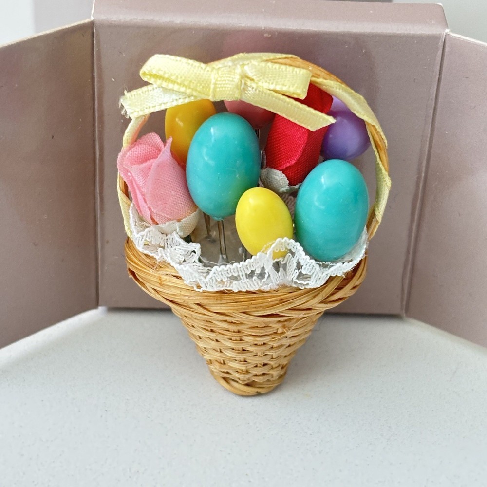 1992 AVON Festive Spring Pin/Brooch-Colorful Easter Eggs In Wicker Basket & Lace