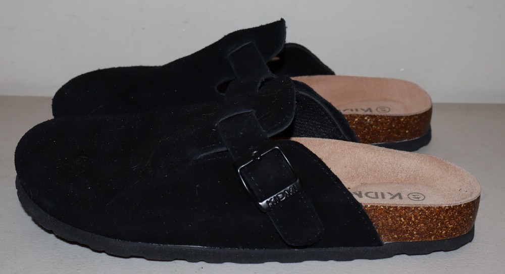 KIDMI Women's Suede Clogs Black Leather Mules Cork Footbed Potato Shoes Size 41