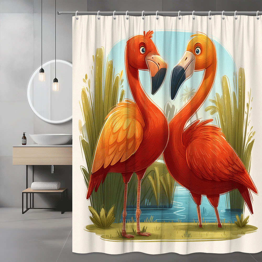 Flamingo Couple Shower Curtain Tropical Bird Print