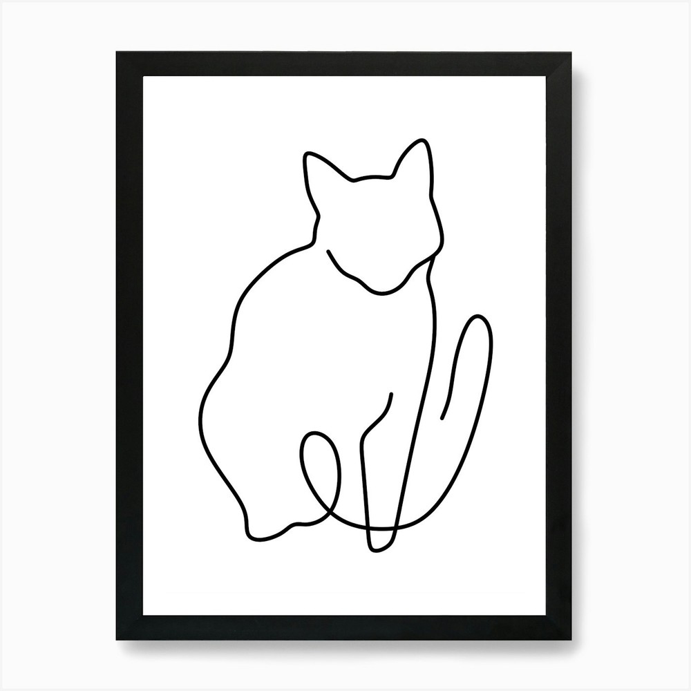 Monoline Cat Line Drawing Framed Wall Art Canvas Print Poster  