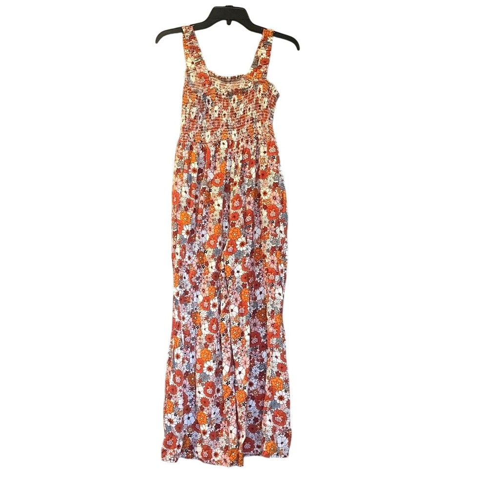 Dokotoo Maxi Dress Womens Medium Orange Floral Smocked Sleeveless Summer Romper