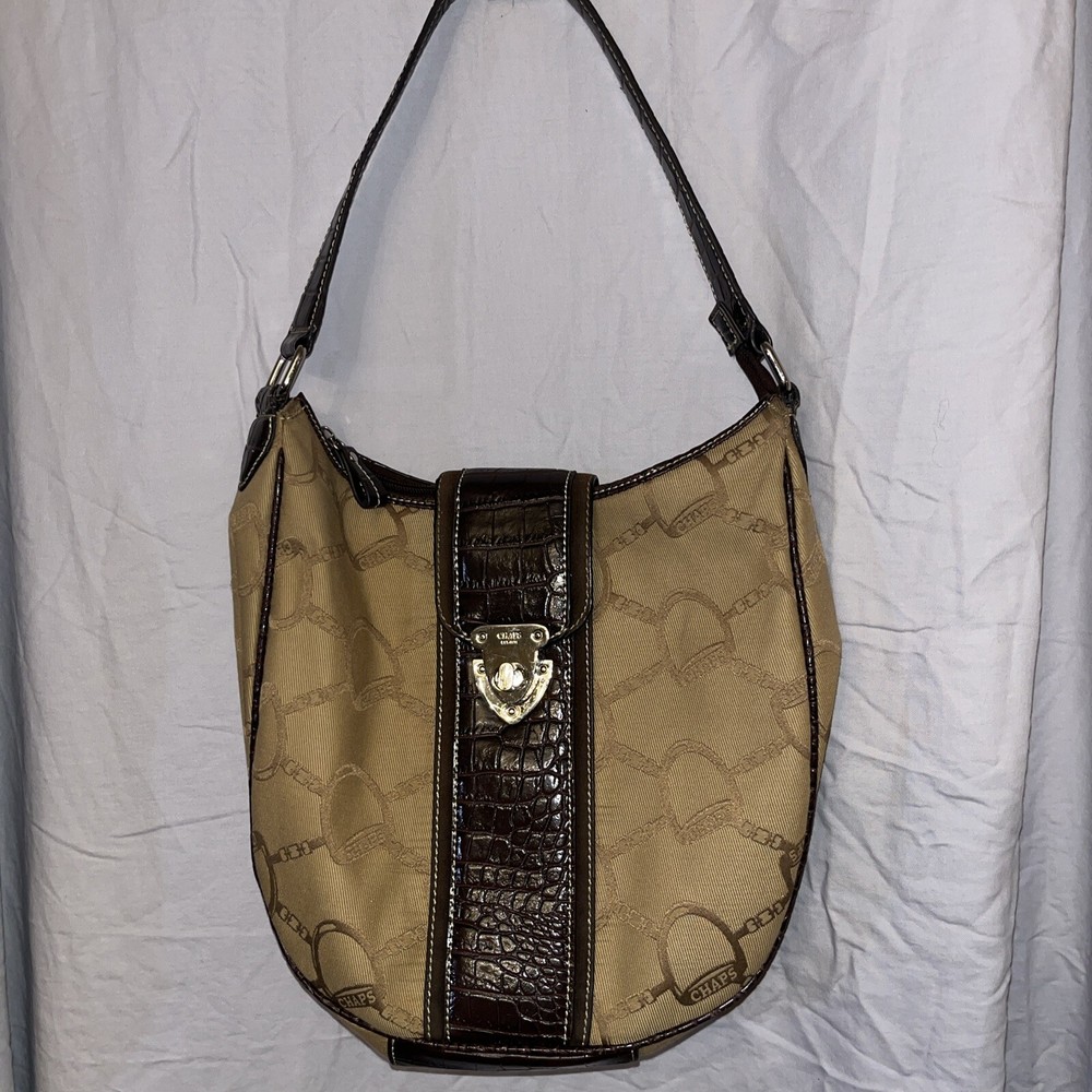 Chaps By Ralph Lauren Handbag Khaki and Brown Brass Tone Hardware Stitching
