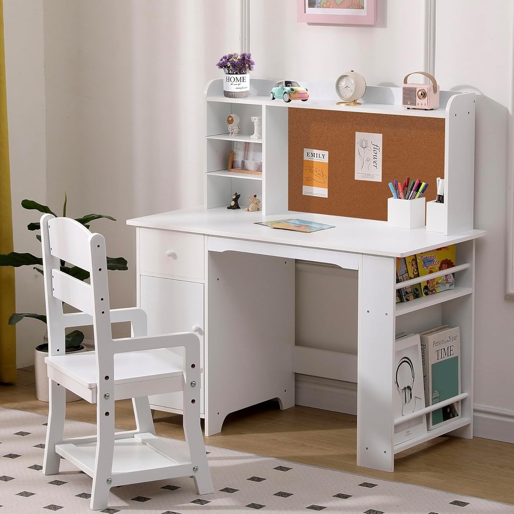 GarveeHome White Wooden Kids Study Desk and Chair Set with Storage