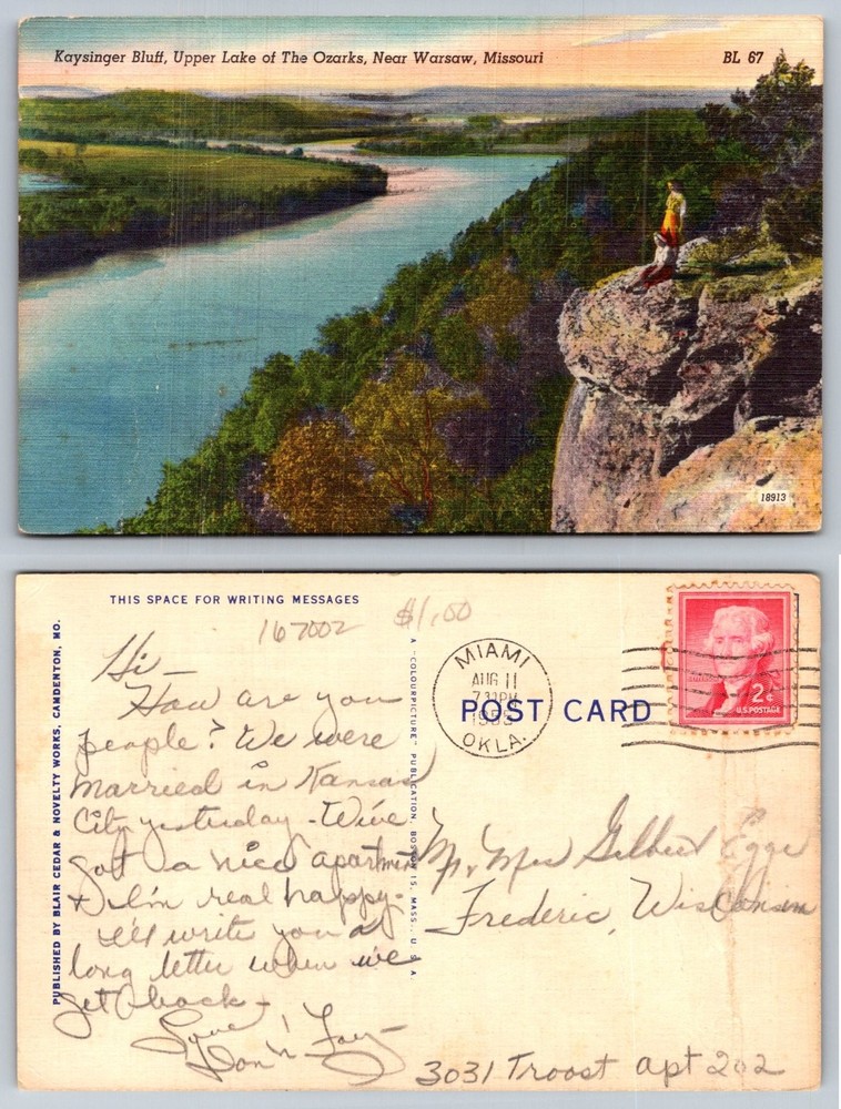 Kaysinger Bluff Upper Lake Ozarks Warsaw Missouri Vintage Postcard 1950s Linen