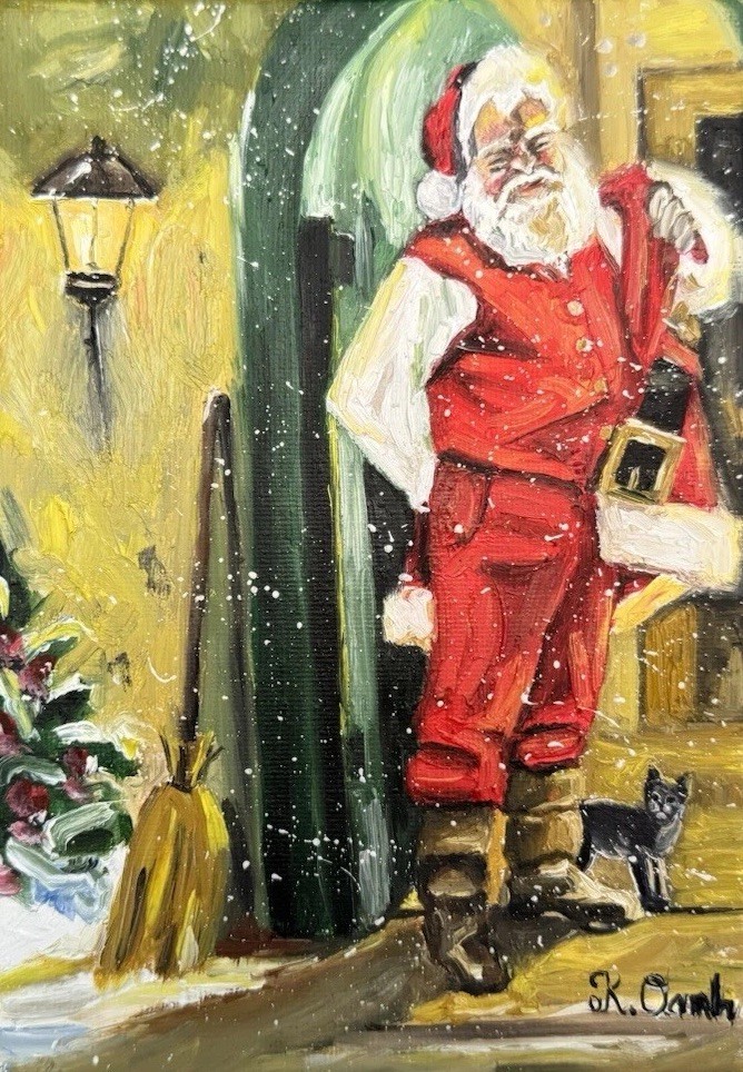 ORIGINAL OIL PAINTING SANTA CLAUSE CAT CHRISTMAS ON STRETCH CANVAS SIGNED 5x7