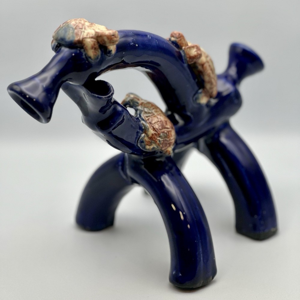 Abstract Seahorse and Sea Turtles Cobalt Blue Glazed Clay Sculpture-image