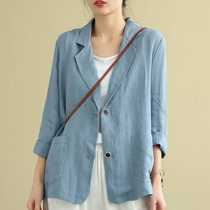 Womens Button Cotton Linen Blazer Coats Long Sleeve Collared Jacket Outwear