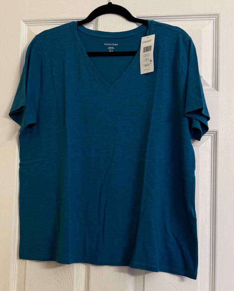 NWT $68 Eileen Fisher Dragenfly Organic Cotton Slubby Jersey V-Neck Tee M L