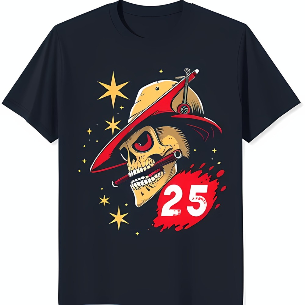Cool Black T-Shirt with Cartoon Graphic Red Hat & 25 Stars