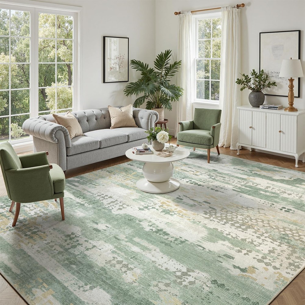 Abstract Area Rug 5X7, Washable Sage Green Modern Rug for Living Room, Kid & Pet