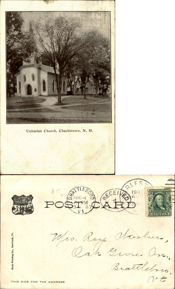 Unitarian Church Charlestown New Hampshire NH UDB double cancel 1907