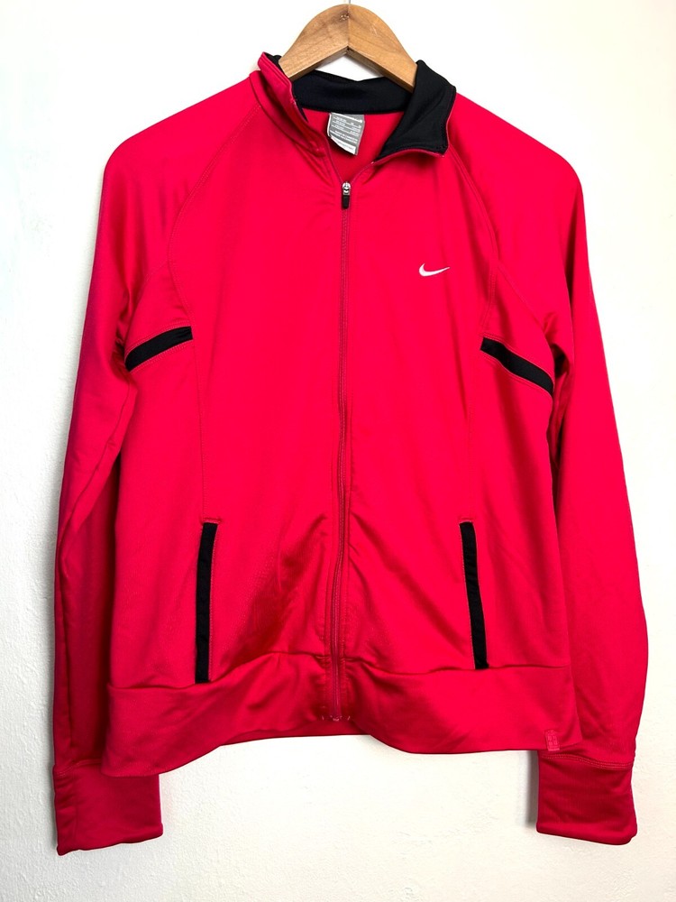 Nike Fit Dry Track Jacket Womens Medium Red Full Zip Up Pockets Embroidered Logo
