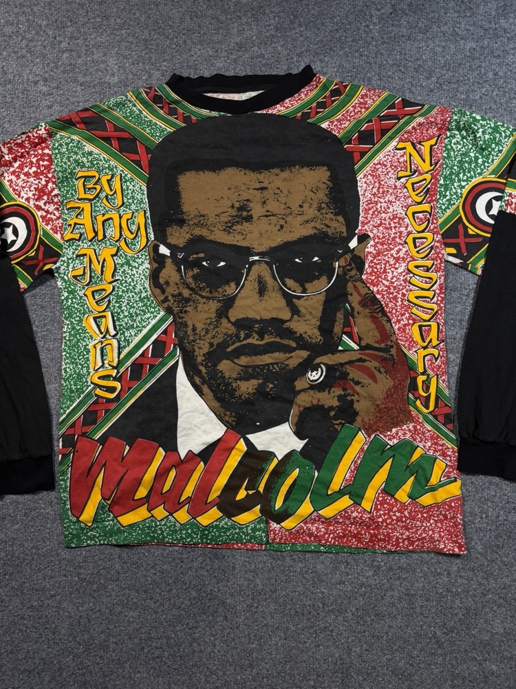 Vintage 90’s Malcom X All Over Print AOP Long Sleeve Shirt Size L/XL RARE