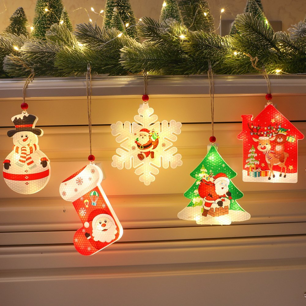 Christmas Hanging Ornaments With LED Lights Battery Window Xmas Tree Decoration