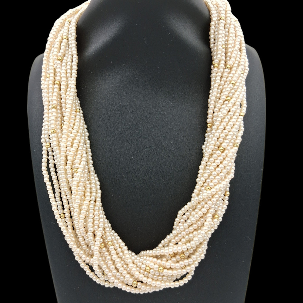 Vtg Multi-Strand Faux Pearl Princess Necklace Gold Bead Accents 18