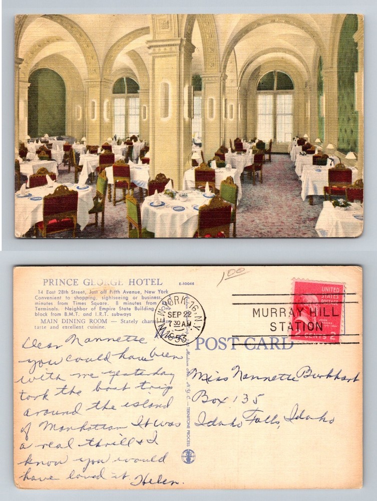 New York NY-New York Prince George Hotel Main Dining Room Vintage c1953 Postcard
