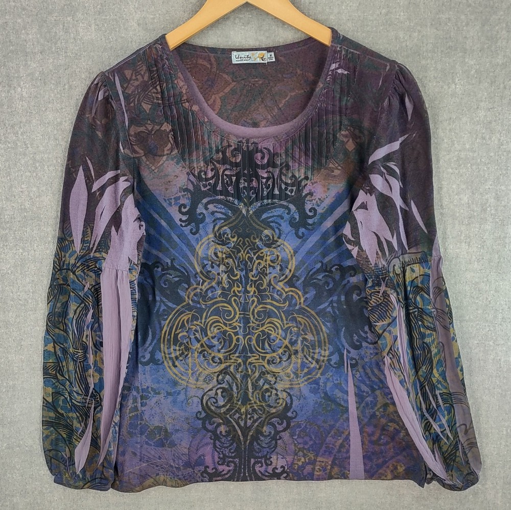 Unity World Wear Top Womens Medium Purple Abstract Artsy Y2K Pleated Pullover