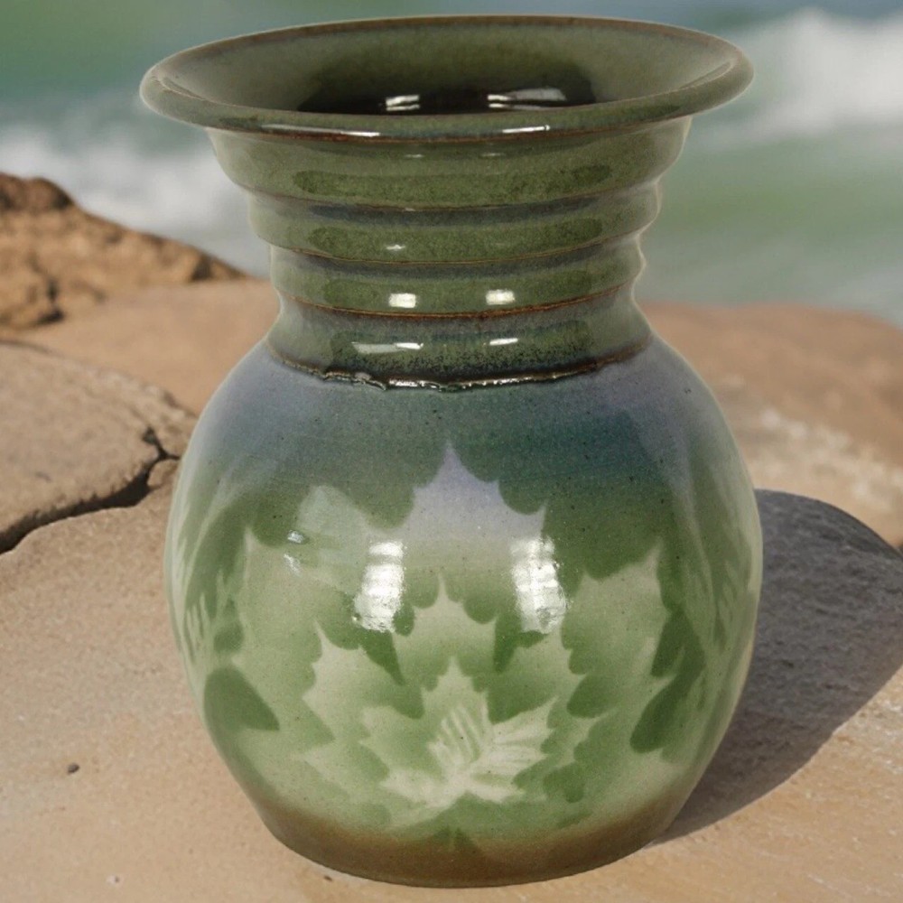 Handmade Stoneware Pottery Ceramic Blue Green Maple Leaf Vase Signed 7x5x5 in 7