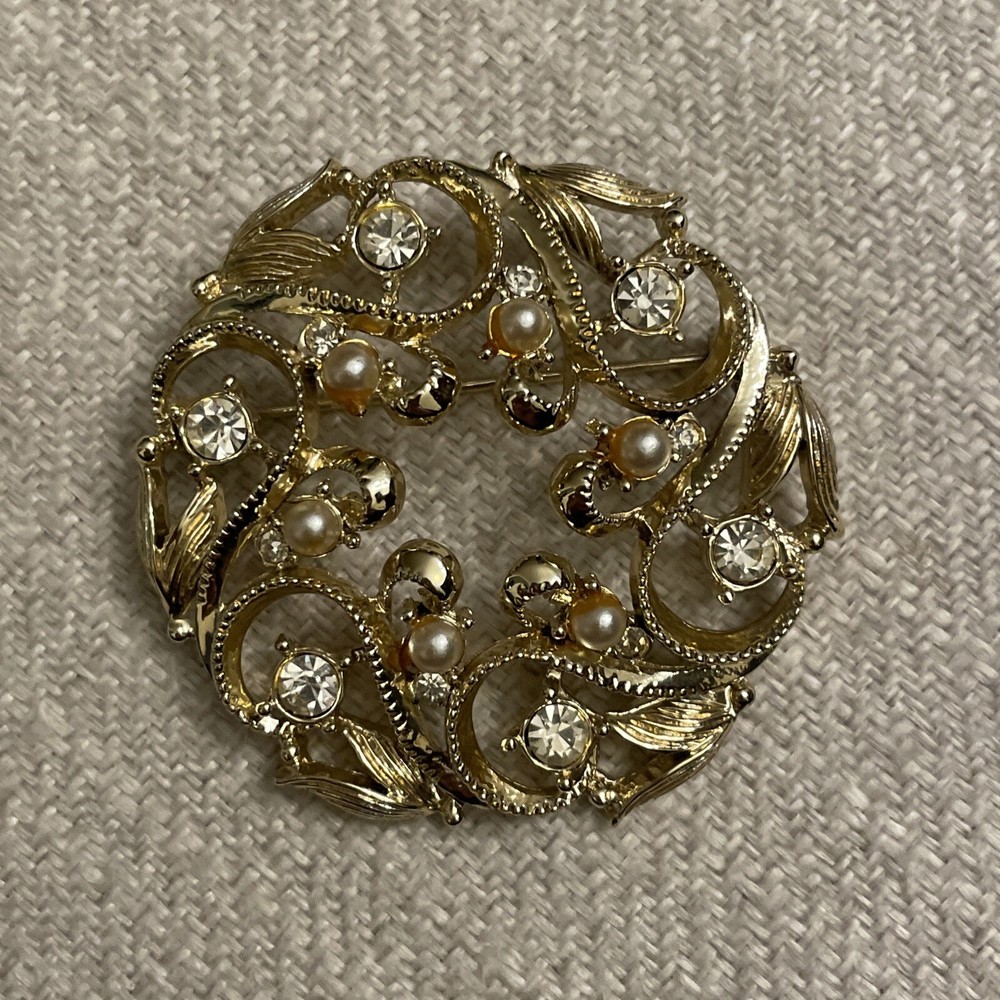 Vintage SAC Gold Tone Round Pin Brooch Faux Pearl Diamond Accents Swirl