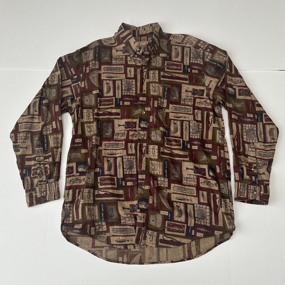 VTG Woolrich Outdoors Fishing AOP Button Down Long Sleeve Shirt Men's Large
