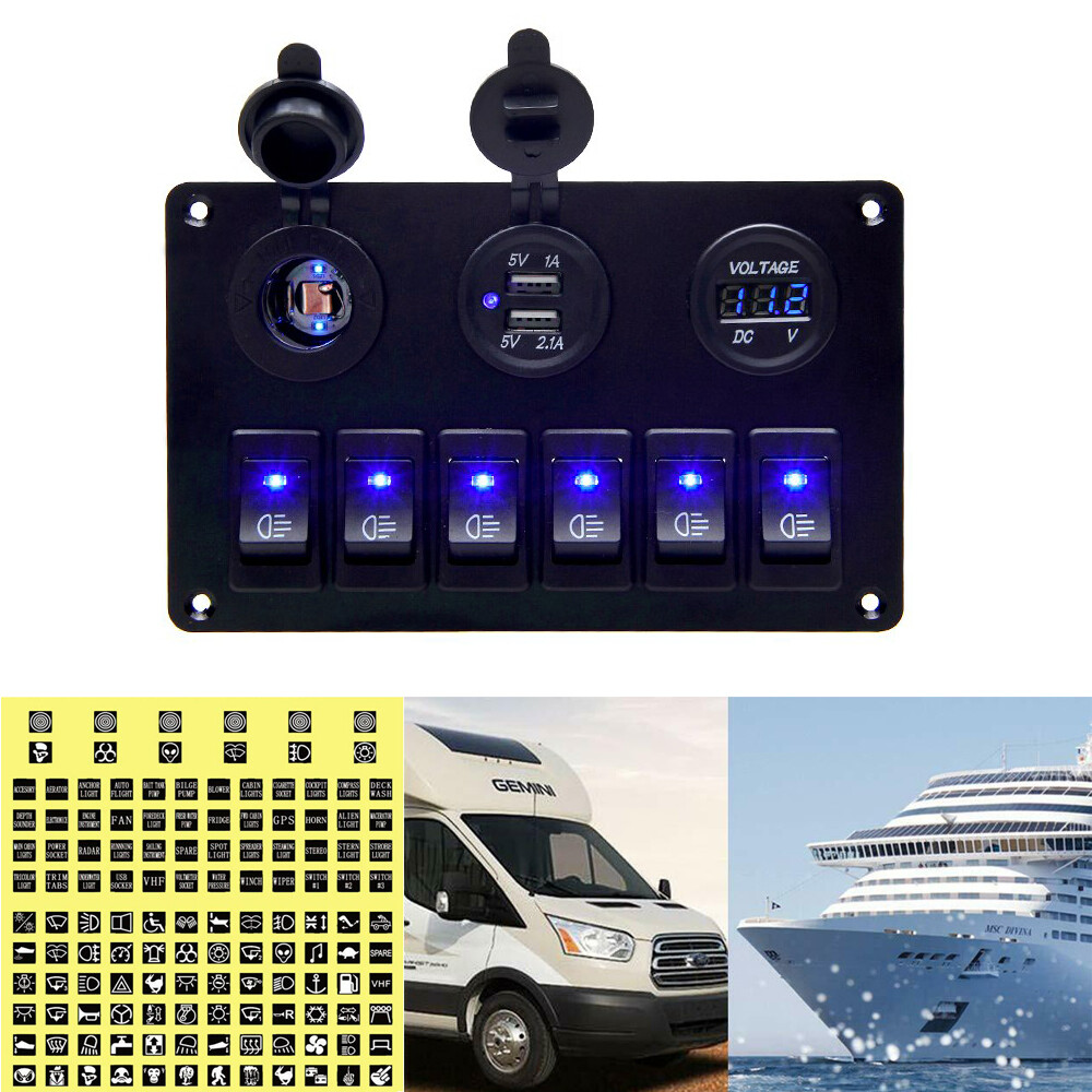 6 Gang Waterproof LED Rocker Switch Panel for RV Boat Marine Car  