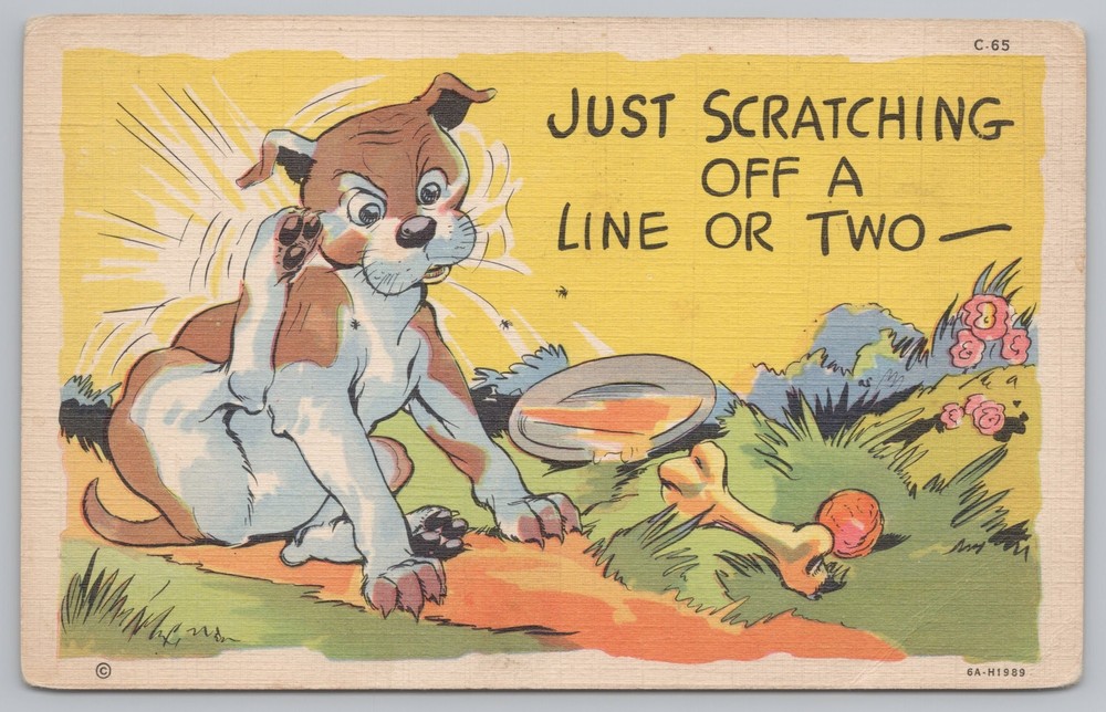 Comics~Bones & Dog~Just Scratching off A Line Or Two~Linen Vintage Postcard