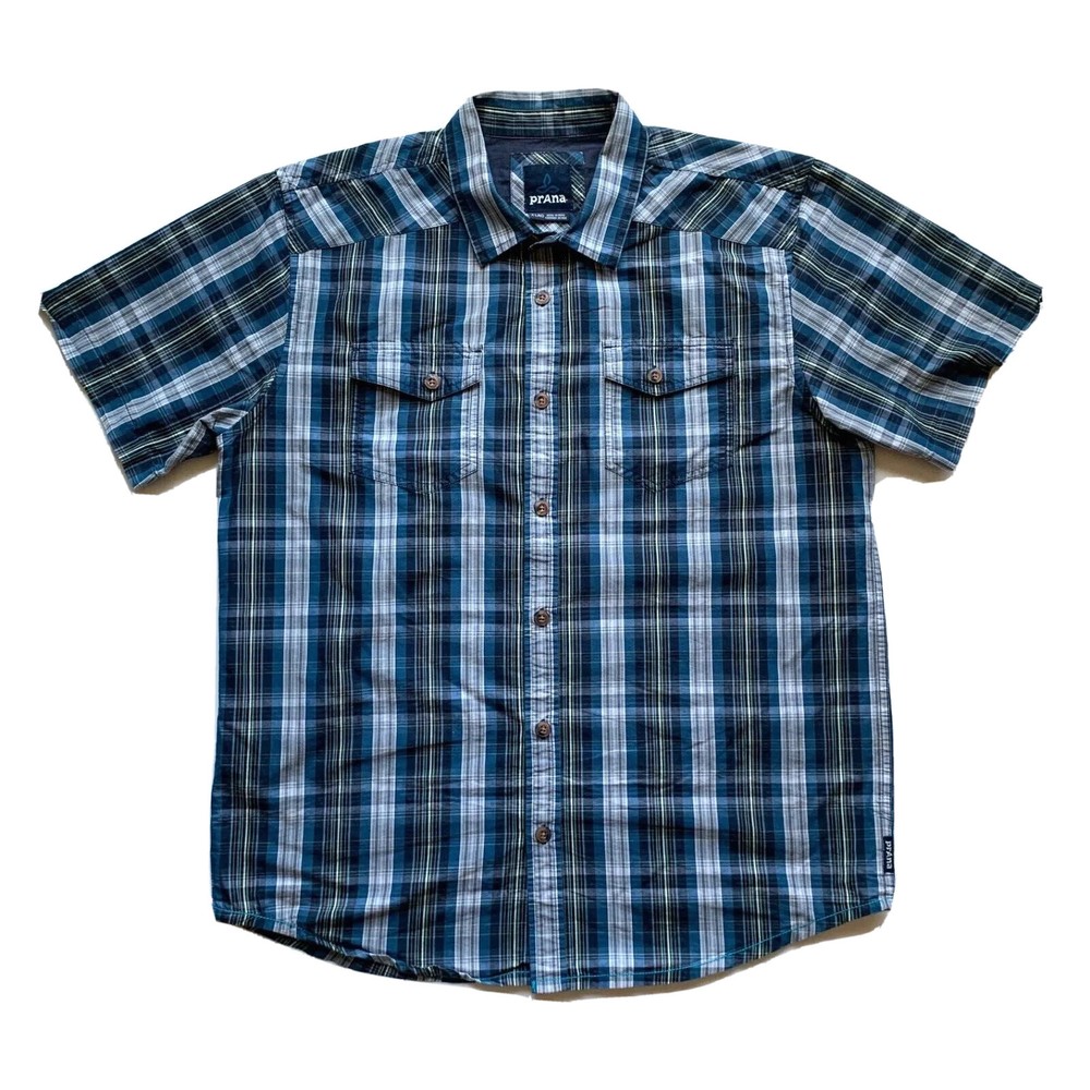 Prana Plaid Button Up Shirt Men XL Organic Cotton Blend Short Sleeve Lightweight