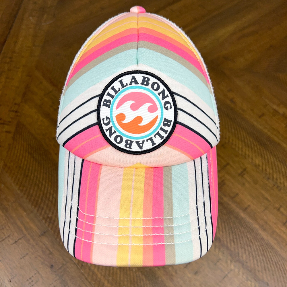 Billabong Hat Girls Pink Striped Shenanigans Snapback Foam Trucker Cap Surf