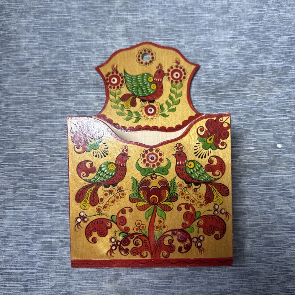 Vintage Russian Hand Painted Wood Wall Mail Holder Basket Folk Art Birds Flowers