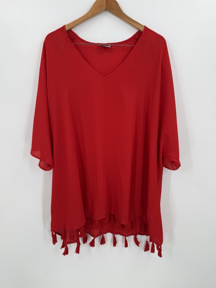Show Me Your Mumu Sheer V-Neck Shook Tassel Boho Tunic Top Women's Size Medium