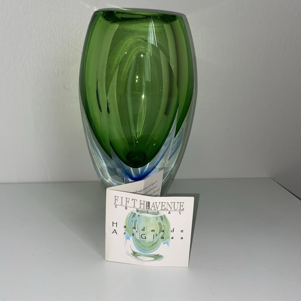 Vintage Fifth Avenue Crystal LTD Art Glass 8.5”Vase Green Blue Heavy Thick Vase