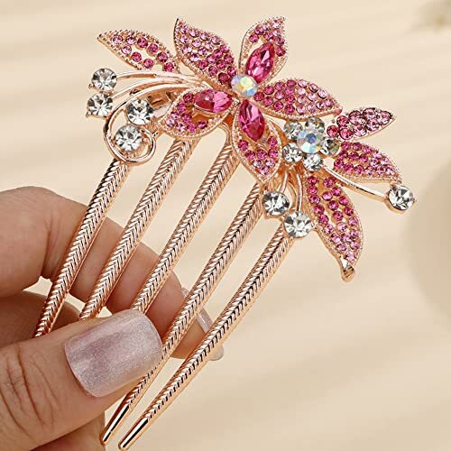 Boho Simple Luxury Glitter Sparkly Flower Crystal Rhinestones Hair Side Pink
