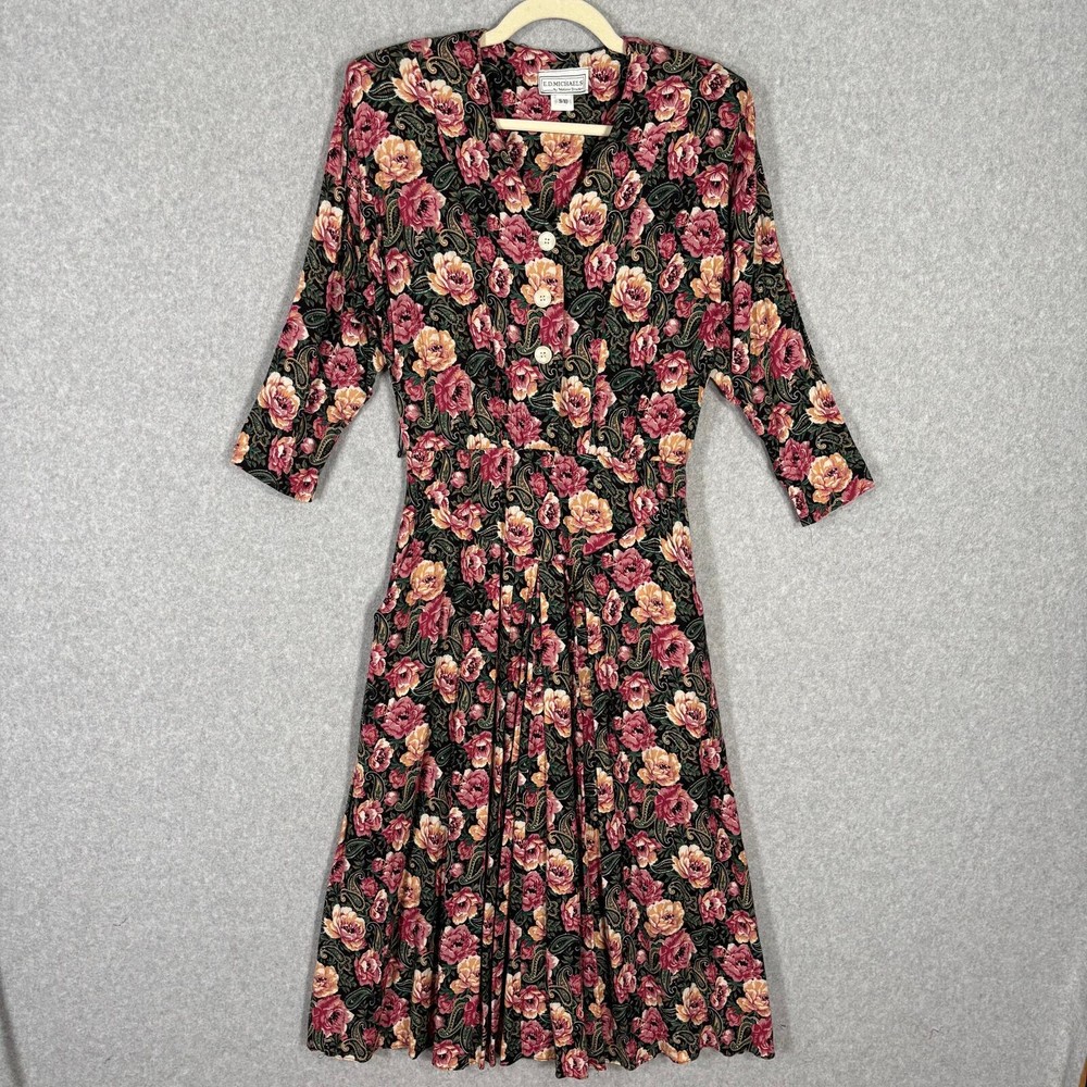 Vintage 80s Dress 9 10 Pink Green Floral Midi Pleated Pockets Cottage 90s Retro
