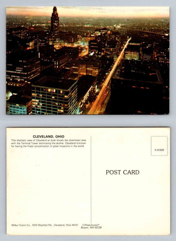 Cleveland, OH-Ohio, Downtown Skyline Night View Terminal Tower Vintage Postcard