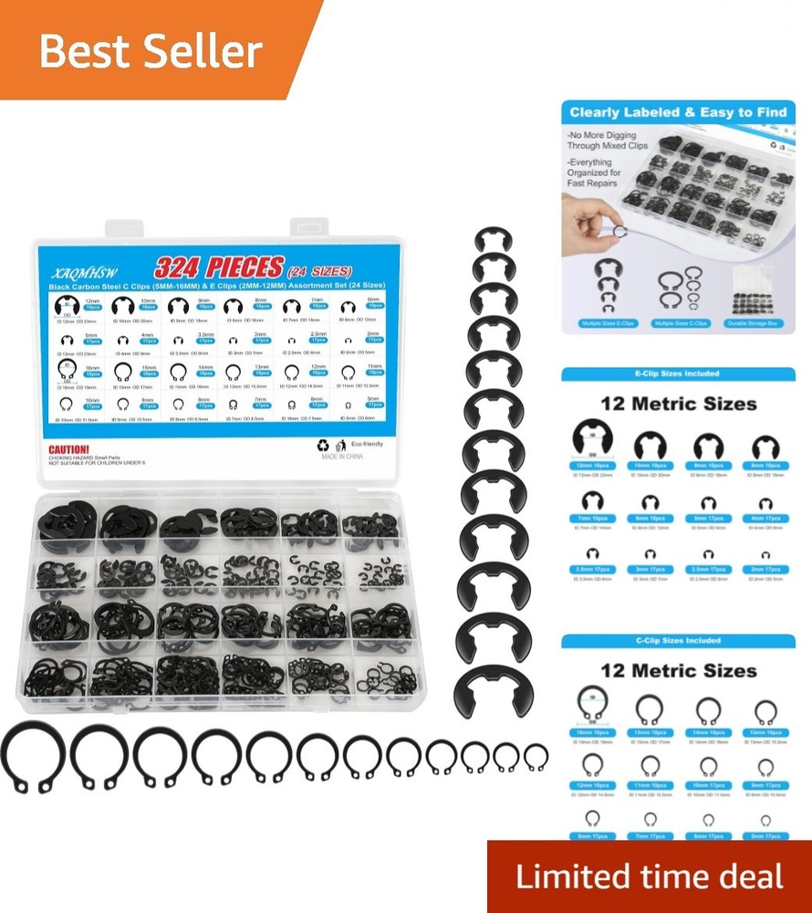 324Pcs C Clips & E Clips Assortment Kit, 24 Sizes C Clip 5mm–16mm & E Clip 2m...