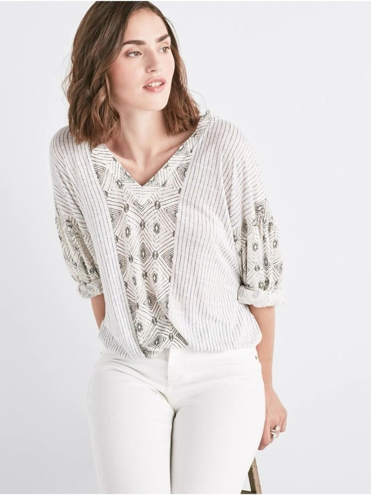 Lucky Brand Texture Banded Bottom Peasant Top Boho Half Sleeve Soft Women’s M