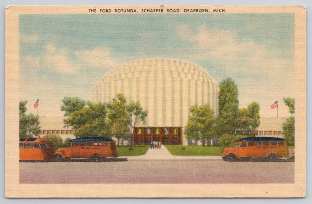 Vintage Ford Rotunda Dearborn Michigan Linen Postcard 1940s Ford Motor Company