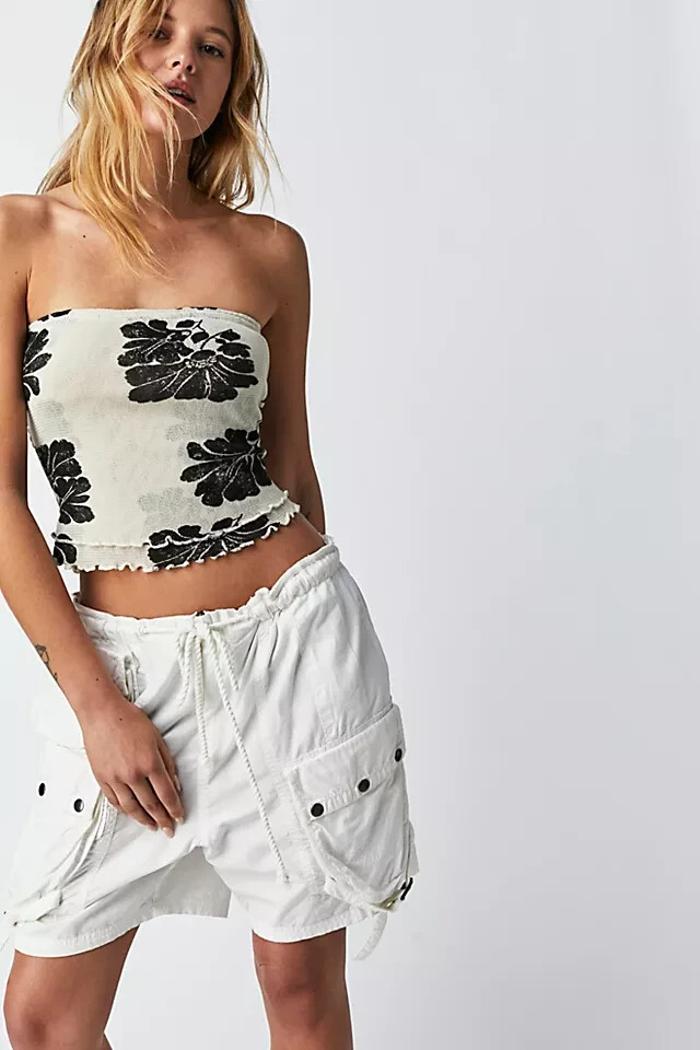 Free People Poppy Tube Blouse Top Cropped Floral Smocked Ruffle XL NWT 280596