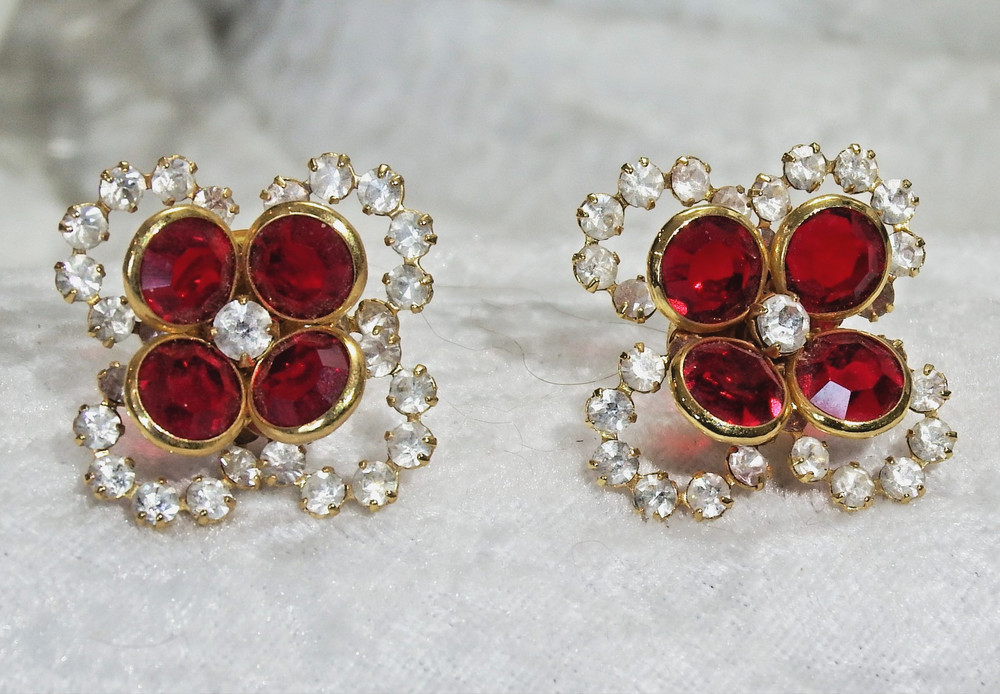 Vintage  Red & Clear Rhinestone Post Back Earrings